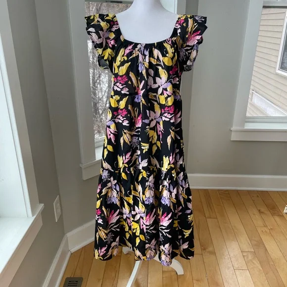 Time and Tru Black Pink Yellow Floral Cotton Off the Shoulder Tiered Maxi Dress - Picture 11 of 11